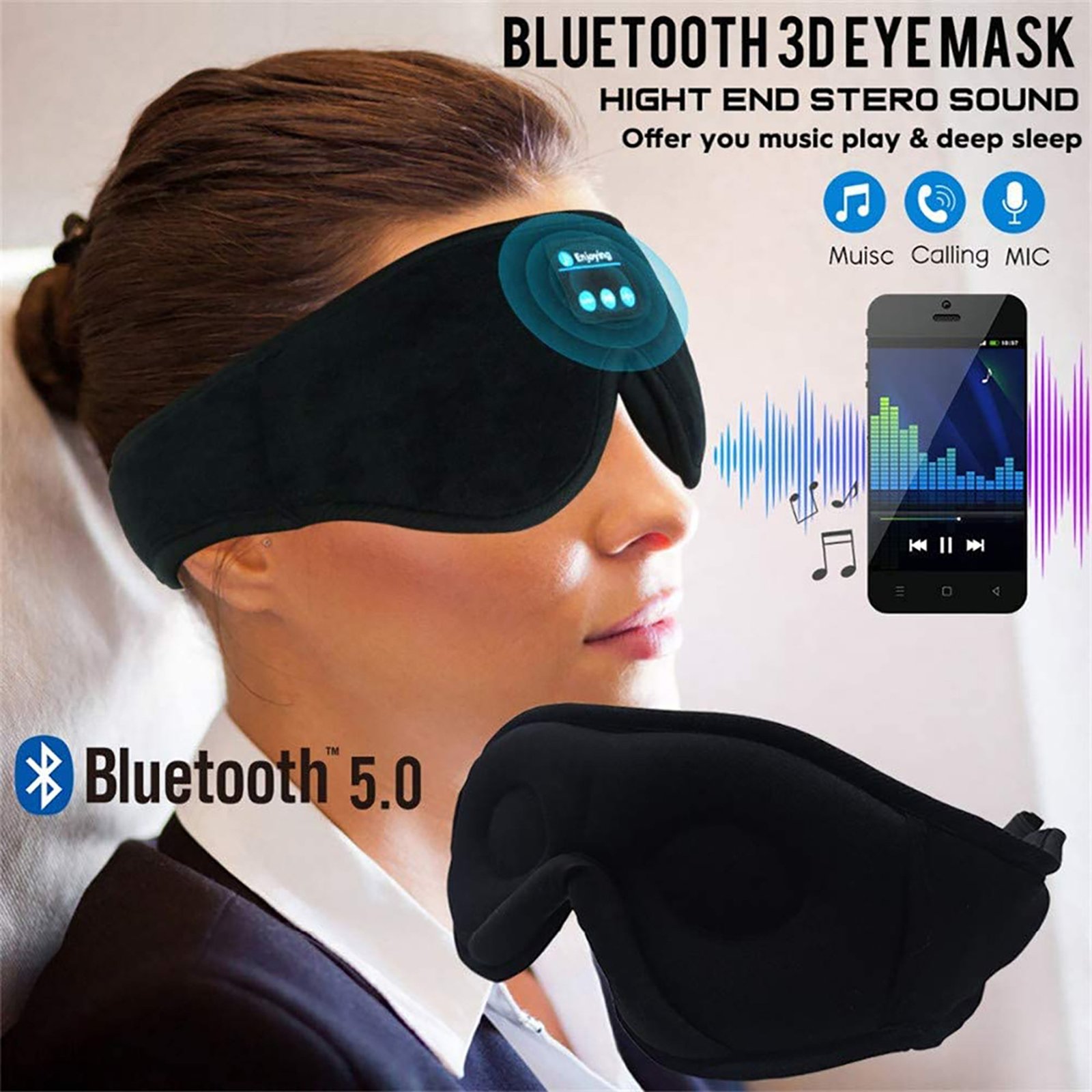 Máscara de Dormir com Bluetooth e Som Estéreo