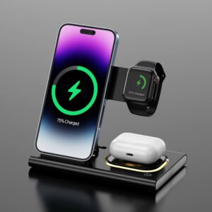 Carregador sem fio magnético 3 em 1 de 15W com luz noturna de mesa